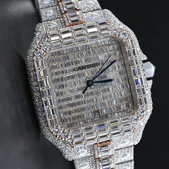 Orologio Rehan Jewels Cartier Swiss Eta Automatic Movement Bust Down, Full Ice Out Bianco tempestato di veri diamanti VVS Moissanite e orologio baguette per uomo in oro rosa 
