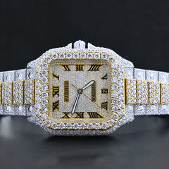 Rehan Jewels Cartier Swiss Eta Automatic Movement Full Ice Out In Yellow Gold Real VVS Moissanite Diamond Watch And Heighted Middle Belt Collet and Bezel