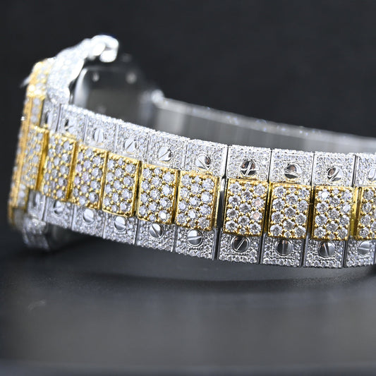Rehan Jewels Cartier Swiss Eta Automatic Movement Full Ice Out In Yellow Gold Real VVS Moissanite Diamond Watch And Heighted Middle Belt Collet and Bezel