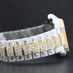 Rehan Jewels Cartier Swiss Eta Automatic Movement Full Ice Out In Yellow Gold Real VVS Moissanite Diamond Watch And Heighted Middle Belt Collet and Bezel
