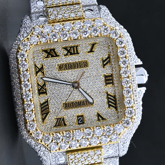 Rehan Jewels Cartier Swiss Eta Automatic Movement Full Ice Out In Yellow Gold Real VVS Moissanite Diamond Watch And Heighted Middle Belt Collet and Bezel