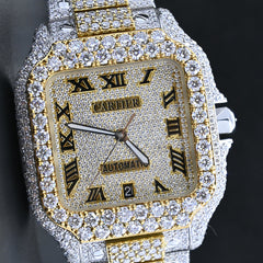 Rehan Jewels Cartier Swiss Eta Automatic Movement Full Ice Out In Yellow Gold Real VVS Moissanite Diamond Watch And Heighted Middle Belt Collet and Bezel