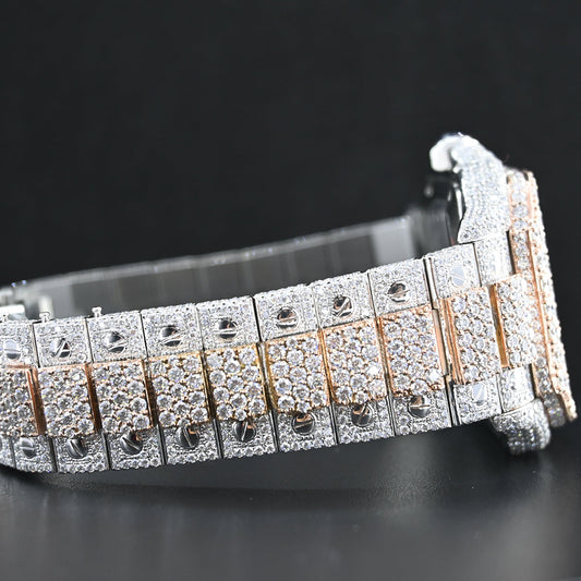 Rehan Jewels Cartier Swiss Eta Automatic Movement Full Ice Out In Rose Gold Real VVS Moissanite Diamond Watch And Heighted Middle Pieces Belt and Bezel
