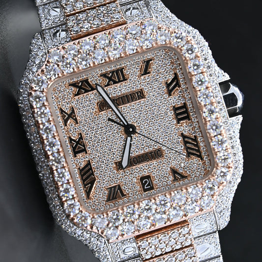 Rehan Jewels Cartier Swiss Eta Automatic Movement Full Ice Out In Rose Gold Real VVS Moissanite Diamond Watch And Heighted Middle Pieces Belt and Bezel