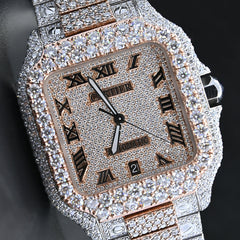 Rehan Jewels Cartier Swiss Eta Automatic Movement Full Ice Out In Rose Gold Real VVS Moissanite Diamond Watch And Heighted Middle Pieces Belt and Bezel