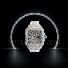 Rehan Jewels Cartier Swiss Eta Automatic Movement Bust Down Watch,100 %  Full White Ice Out Studded With Real VVS Moissanite Diamond Watch For Men