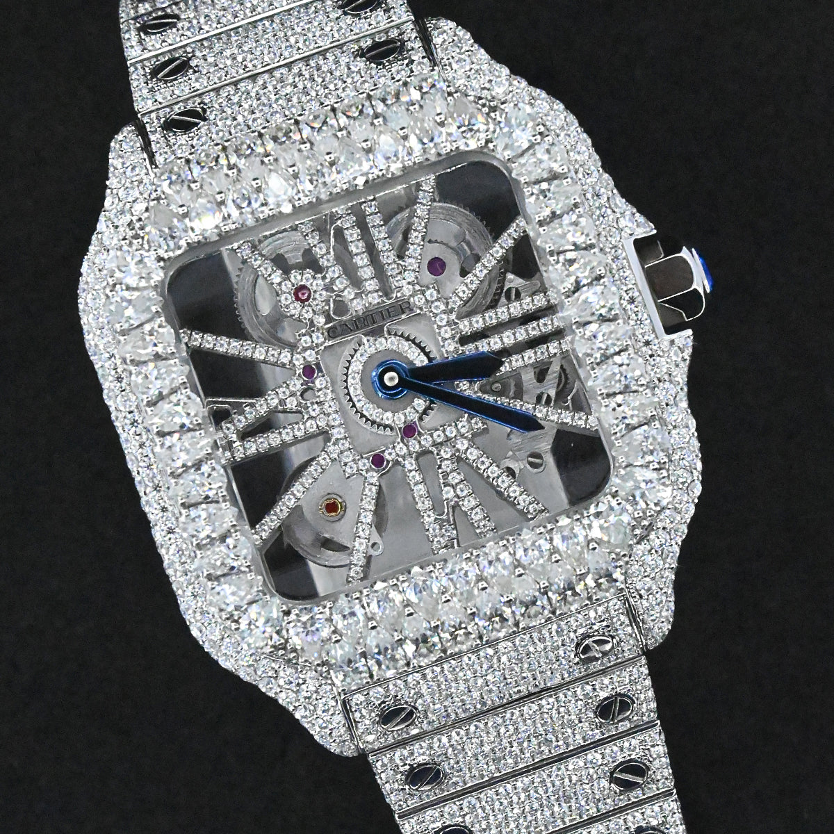 Rehan Jewels Cartier Swiss Eta Automatic Movement Bust Down Watch,100 %  Full White Ice Out Studded With Real VVS Moissanite Diamond Watch For Men