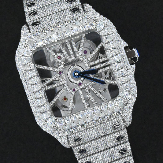 Rehan Jewels Cartier Swiss Eta Automatic Movement Bust Down Watch,100 %  Full White Ice Out Studded With Real VVS Moissanite Diamond Watch For Men