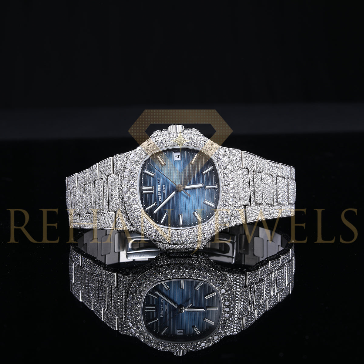 Rehan Jewels Patek Philippe Swiss ETA Fully Automatic Movement Full White VVS Moissanite Diamond Watch, Handmade Stainless Steel Iced out Watch, Luxury Bust Down Wrist Watch, Hip Hop Watch
