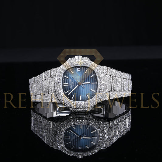 Rehan Jewels Patek Philippe Swiss ETA Fully Automatic Movement Full White VVS Moissanite Diamond Watch, Handmade Stainless Steel Iced out Watch, Luxury Bust Down Wrist Watch, Hip Hop Watch