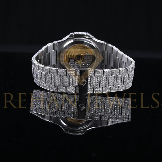 Rehan Jewels Patek Philippe Swiss ETA Fully Automatic Movement Full White VVS Moissanite Diamond Watch, Handmade Stainless Steel Iced out Watch, Luxury Bust Down Wrist Watch, Hip Hop Watch