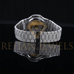 Rehan Jewels Patek Philippe Swiss ETA Fully Automatic Movement Full White VVS Moissanite Diamond Watch, Handmade Stainless Steel Iced out Watch, Luxury Bust Down Wrist Watch, Hip Hop Watch