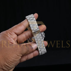 Rehan Jewels Patek Philippe Swiss ETA Fully Automatic Movement Full White VVS Moissanite Diamond Watch, Handmade Stainless Steel Iced out Watch, Luxury Bust Down Wrist Watch, Hip Hop Watch