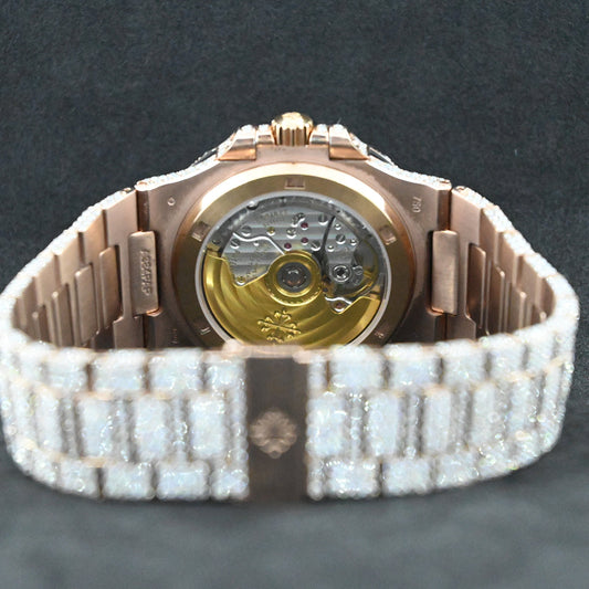 Rehan Jewels Patek Philippe Swiss Eta Automatic Movement Full Rose Gold, VVS Moissanite Diamond Watch