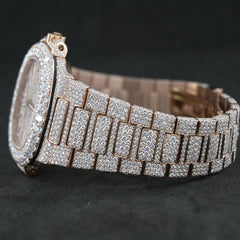 Rehan Jewels Patek Philippe Swiss Eta Automatic Movement Full Rose Gold, VVS Moissanite Diamond Watch