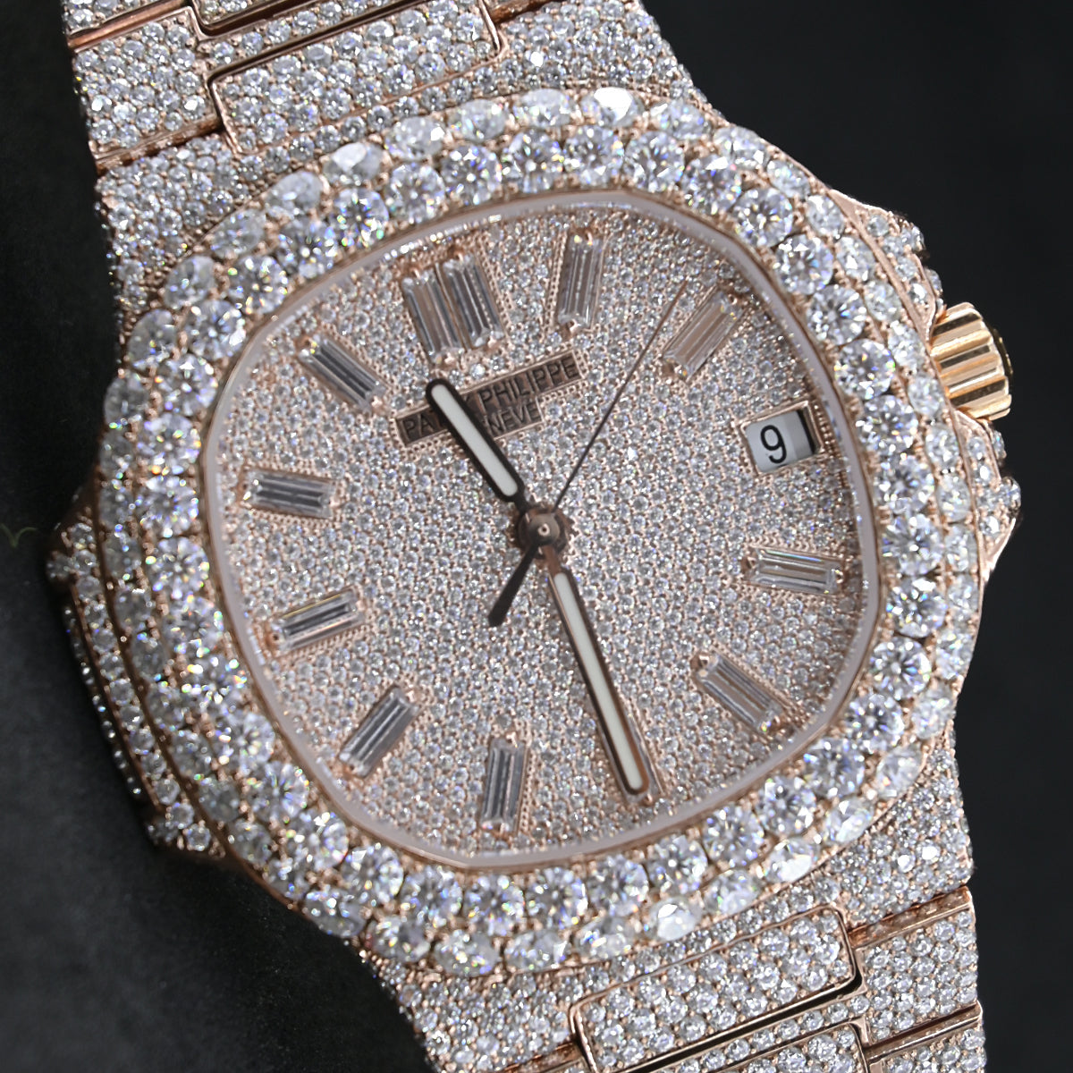 Rehan Jewels Patek Philippe Swiss Eta Automatic Movement Full Rose Gold, VVS Moissanite Diamond Watch