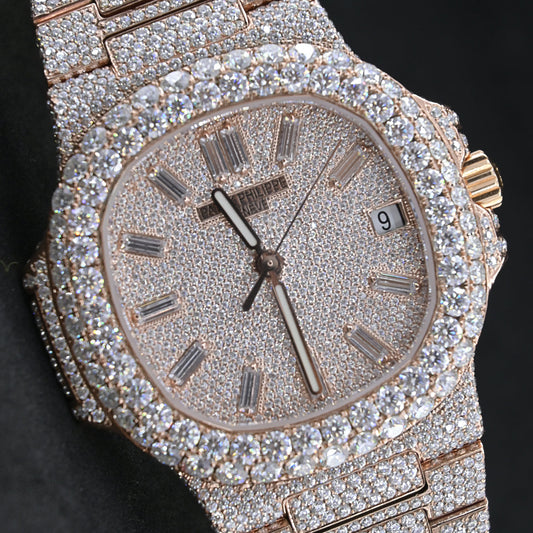 Rehan Jewels Patek Philippe Swiss Eta Automatic Movement Full Rose Gold, VVS Moissanite Diamond Watch