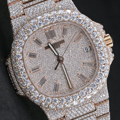 Rehan Jewels Patek Philippe Swiss Eta Automatic Movement Full Rose Gold, VVS Moissanite Diamond Watch