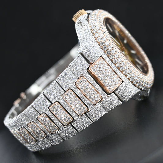 Rehan Jewels Patek Philippe Skeleton Swiss Eta Automatic Movement Two Tone VVS Moissanite Diamond Watch
