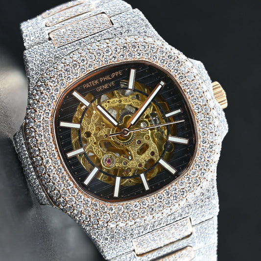 Rehan Jewels Patek Philippe Skeleton Swiss Eta Automatic Movement Two Tone VVS Moissanite Diamond Watch