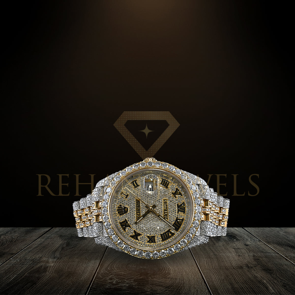 Rehan Jewels Rolex Jublee Swiss Eta Automatic Movement Full Ice Out Real VVS Moissanite Diamond  Two-Tone DateJust Roman Dial Plate Full Bustdown Gold Metal Band Watch