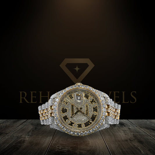Rehan Jewels Rolex Jublee Swiss Eta Automatic Movement Full Ice Out Real VVS Moissanite Diamond  Two-Tone DateJust Roman Dial Plate Full Bustdown Gold Metal Band Watch