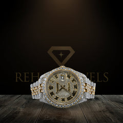 Rehan Jewels Rolex Jublee Swiss Eta Automatic Movement Full Ice Out Real VVS Moissanite Diamond  Two-Tone DateJust Roman Dial Plate Full Bustdown Gold Metal Band Watch