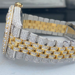Rehan Jewels Rolex Jubilee Date Just Swiss Eta Automatic Movement Yellow Gold Two Tone Real VVS Moissanite Diamond Watch