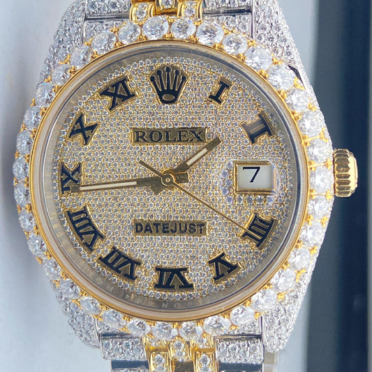 Rehan Jewels Rolex Jubilee Date Just Swiss Eta Automatic Movement Yellow Gold Two Tone Real VVS Moissanite Diamond Watch