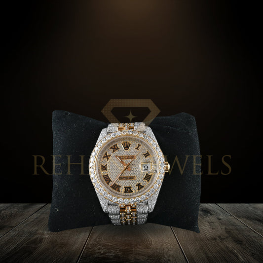 Rehan Jewels Rolex Jublee Swiss Eta Automatic Movement Full Ice Out Real VVS Moissanite Diamond  Two-Tone DateJust Roman Dial Plate Full Bustdown Gold Metal Band Watch