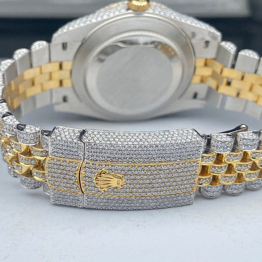 Rehan Jewels Rolex Jubilee Date Just Swiss Eta Automatic Movement Yellow Gold Two Tone Real VVS Moissanite Diamond Watch