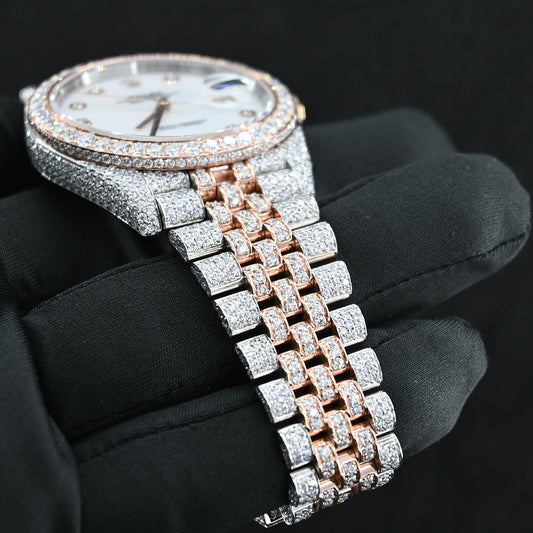 Rehan Jewels Rolex Oyster Perpetual Date Just Swiss Eta Automatic Movement Rose Gold Two Tone Real VVVS Moissanite Diamond Watche