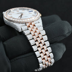 Rehan Jewels Rolex Oyster Perpetual Date Just Swiss Eta Automatic Movement Rose Gold Two Tone Real VVVS Moissanite Diamond Watche