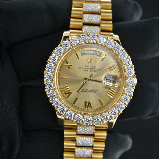 Rehan Jewels Rolex Oyster Perpetual Swiss Eta Automatic Movement Full Yellow Gold Real VVS Moissanite Diamond Luxurious Watch