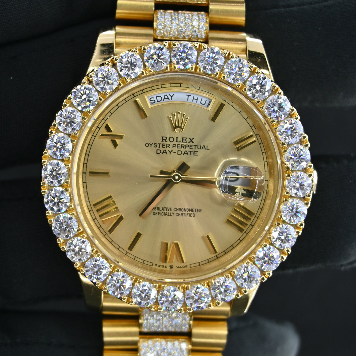 Rehan Jewels Rolex Oyster Perpetual Swiss Eta Automatic Movement Full Yellow Gold Real VVS Moissanite Diamond Luxurious Watch