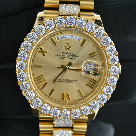 Rehan Jewels Rolex Oyster Perpetual Swiss Eta Automatic Movement Full Yellow Gold Real VVS Moissanite Diamond Luxurious Watch