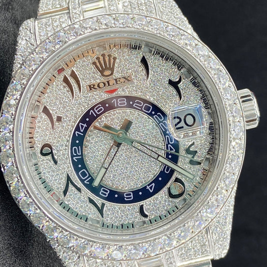 Rehan Jewels Rolex Arabic Dial Plate Swiss Eta Automatic Movement Full Ice Out Real VVS Moissanite Round Diamond & Baguette Watch Luxurious Watch
