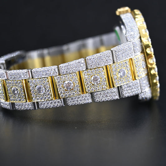 Rehan Jewels Rolex Date Just Swiss Eta Automatic Movement Yellow Gold Two Tone Full Ice Out Real VVS Moissanite Diamond Watch Make Heighted Bezel