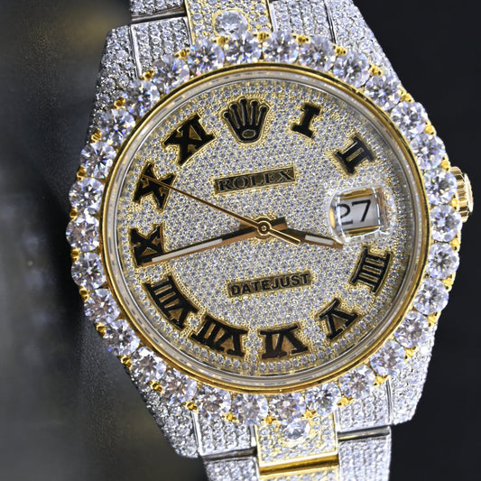 Rehan Jewels Rolex Date Just Swiss Eta Automatic Movement Yellow Gold Two Tone Full Ice Out Real VVS Moissanite Diamond Watch Make Heighted Bezel