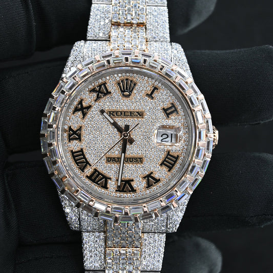 Rehan Jewels Rolex Oyster Date Just Swiss Eta Automatic Movement Two Tone Full Ice Out Make Heighted Middle Pieces Belt & Bezel With Real VVS Round Moissanite Diamonds & Baguette diamonds With Dial Plate in Roman