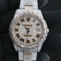 Rehan Jewels Rolex Oyster Date Just Swiss Eta Automatic Movement Two Tone Full Ice Out Make Heighted Middle Pieces Belt & Bezel With Real VVS Round Moissanite Diamonds & Baguette diamonds With Dial Plate in Roman