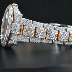 Rehan Jewels Rolex Oyster Date Just Swiss Eta Automatic Movement Two Tone Full Ice Out Make Heighted Middle Pieces Belt & Bezel With Real VVS Round Moissanite Diamonds & Baguette diamonds With Dial Plate in Roman
