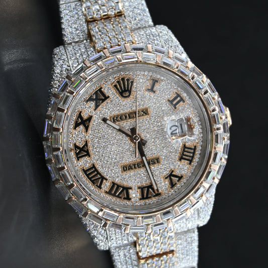 Rehan Jewels Rolex Oyster Date Just Swiss Eta Automatic Movement Two Tone Full Ice Out Make Heighted Middle Pieces Belt & Bezel With Real VVS Round Moissanite Diamonds & Baguette diamonds With Dial Plate in Roman