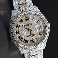 Rehan Jewels Rolex Oyster Date Just Swiss Eta Automatic Movement Two Tone Full Ice Out Make Heighted Middle Pieces Belt & Bezel With Real VVS Round Moissanite Diamonds & Baguette diamonds With Dial Plate in Roman