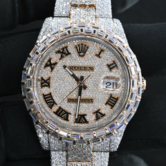 Rehan Jewels Rolex Oyster Date Just Swiss Eta Automatic Movement Two Tone Full Ice Out Make Heighted Middle Pieces Belt & Bezel With Real VVS Round Moissanite Diamonds & Baguette diamonds With Dial Plate in Roman